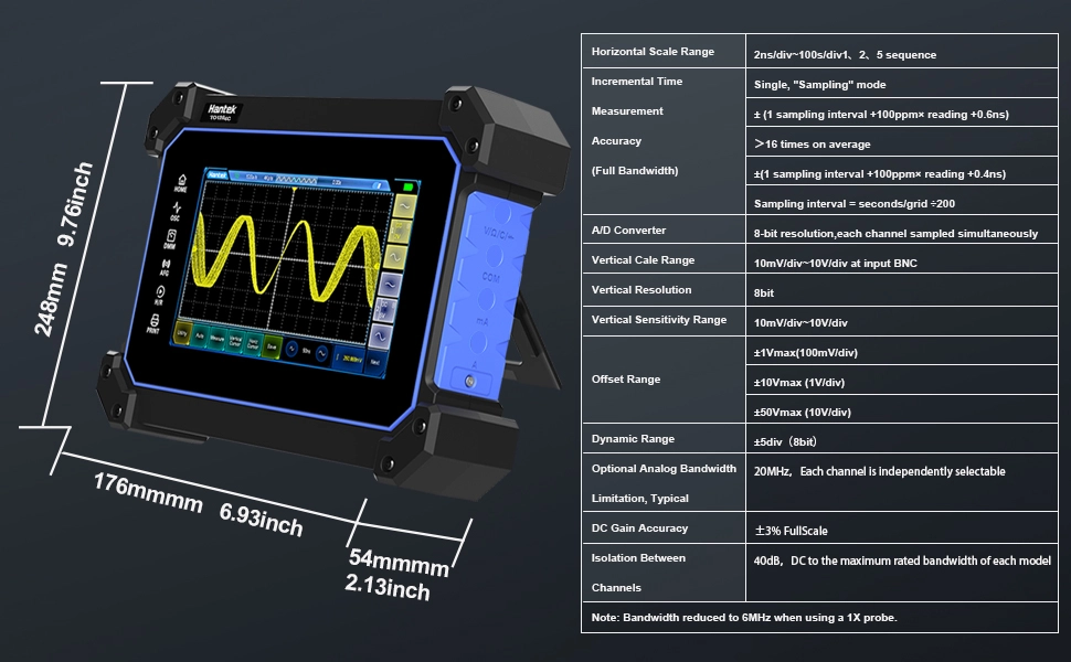 Compact Portability hantek touch screen oscilloscope dimensions and vertical specs
