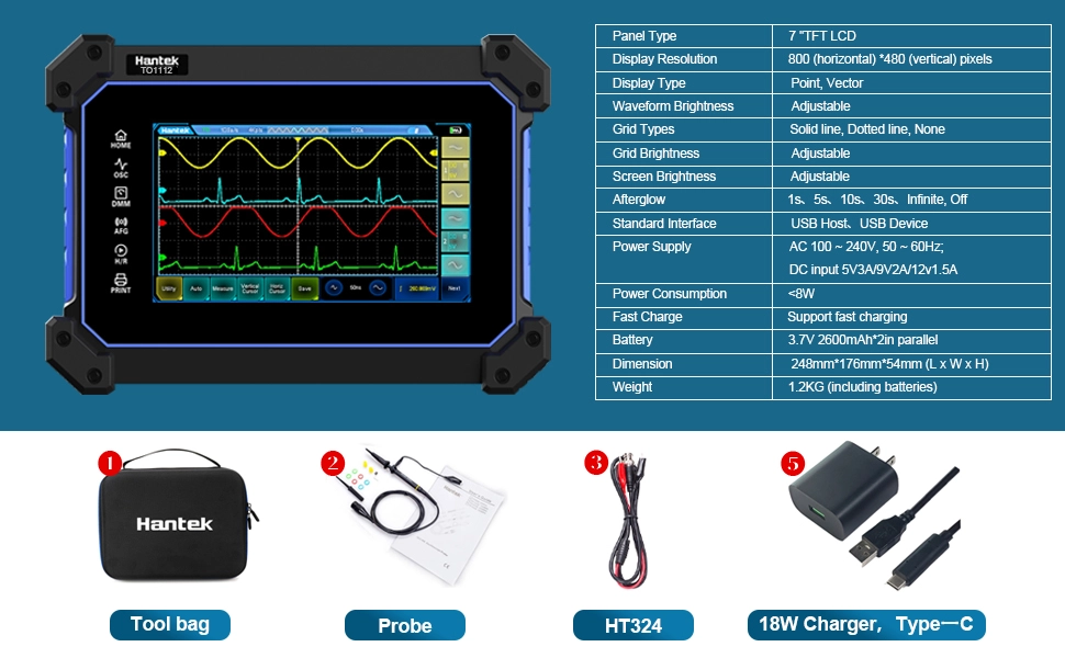 Complete Diagnostic Kit hantek to1112 portable oscilloscope specs and accessories kit
