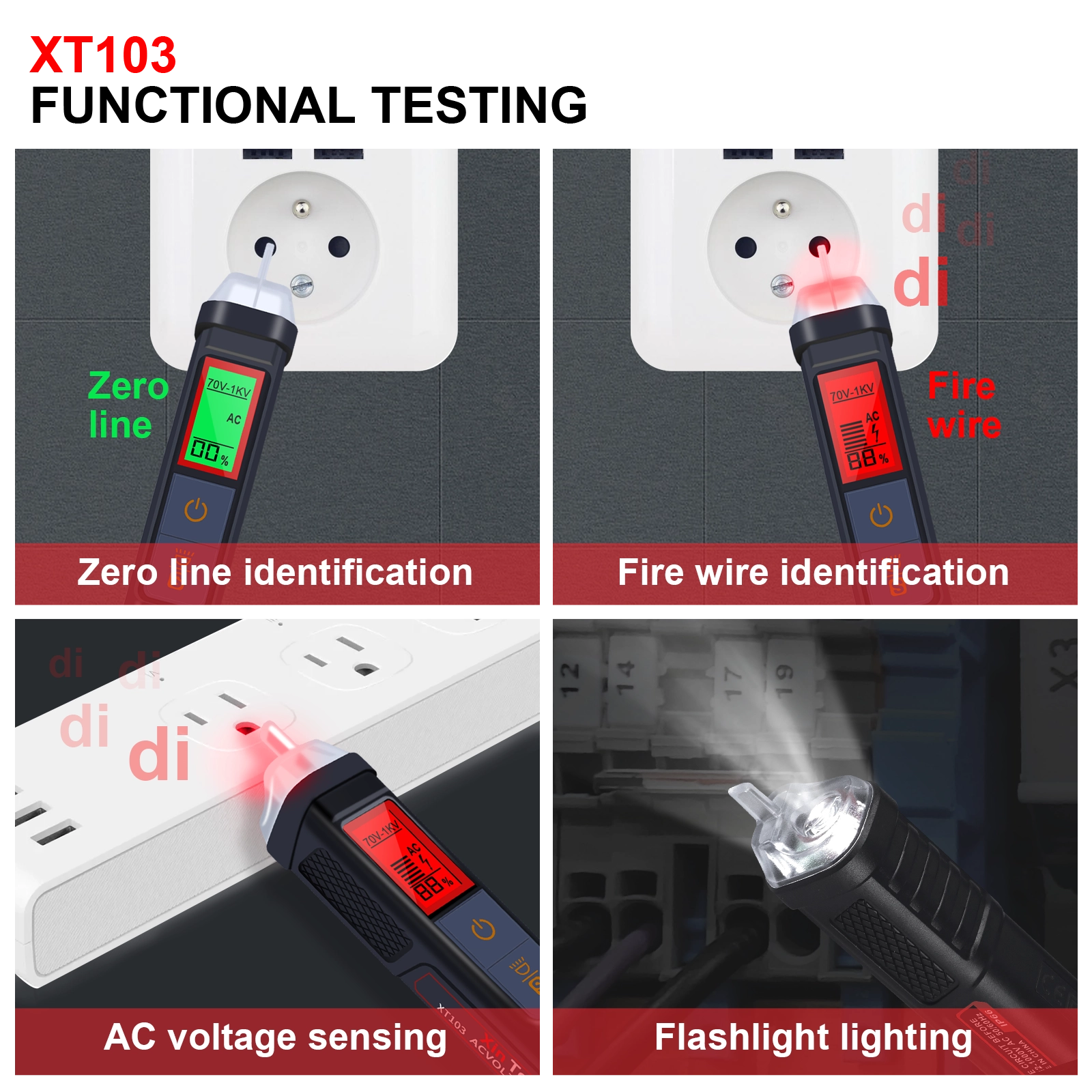 A four-panel view showing Live/Neutral wire identification, AC sensing, and flashlight usage.