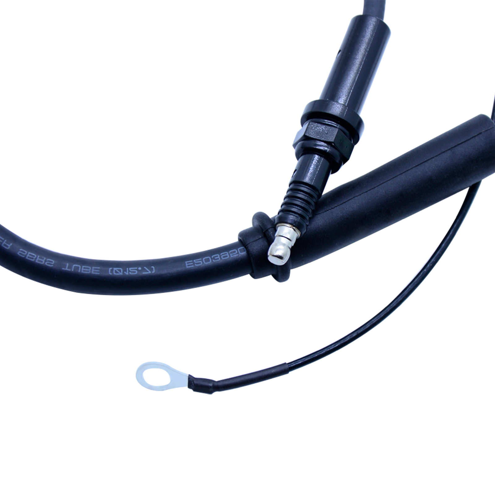 Close-up of Motorcycle Throttle Cable Adjuster, Black Rubber Housing, Ground Wire Ring Terminal, Part Markings