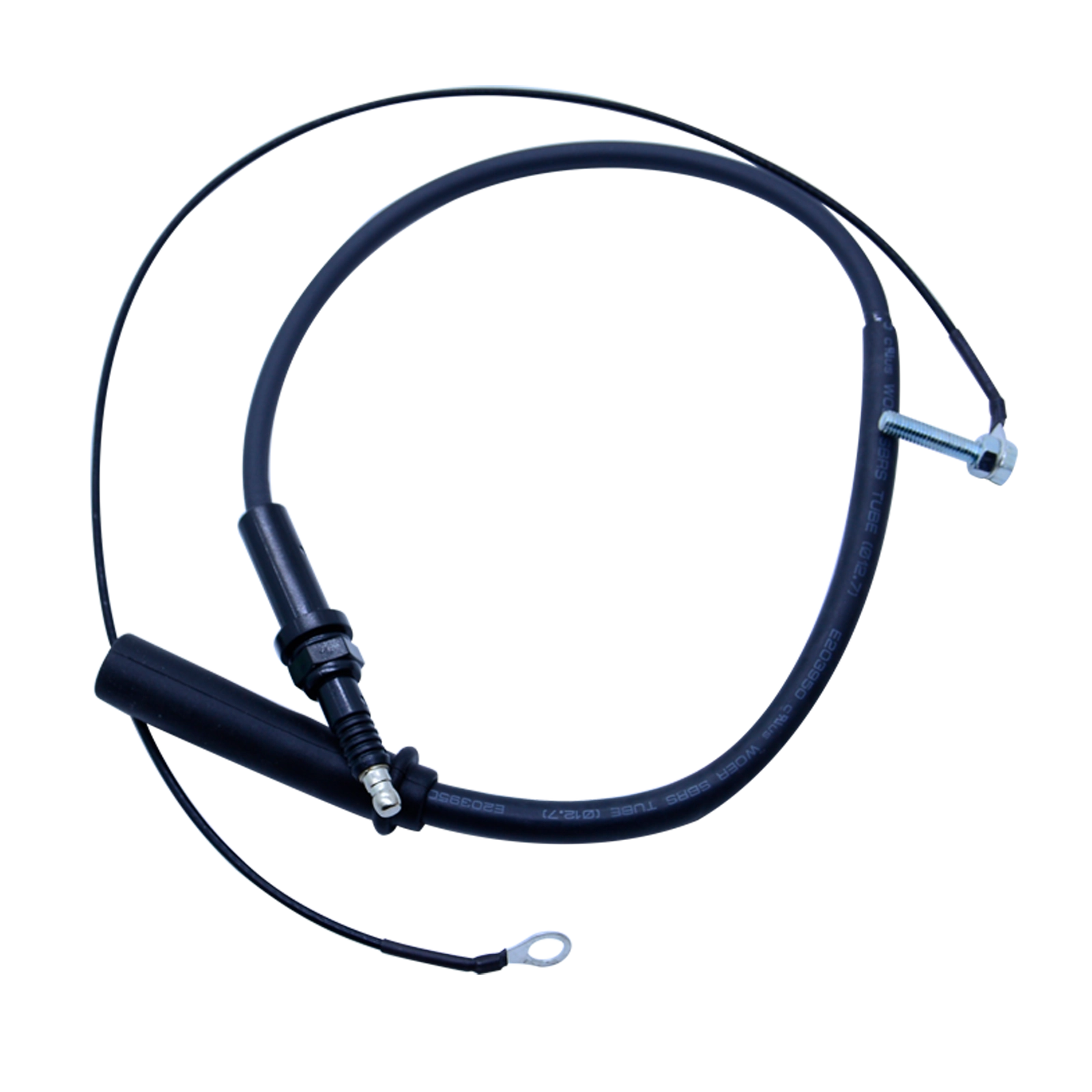 Side View of Motorcycle Throttle Cable with Ground Wire, Printed Specifications, Black Housing