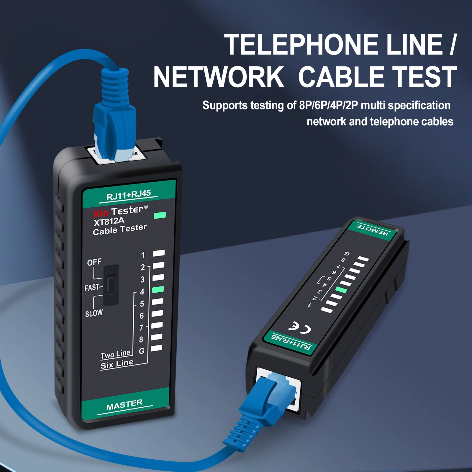 Action shot of blue ethernet and telephone cables plugged into the XT812A for testing.