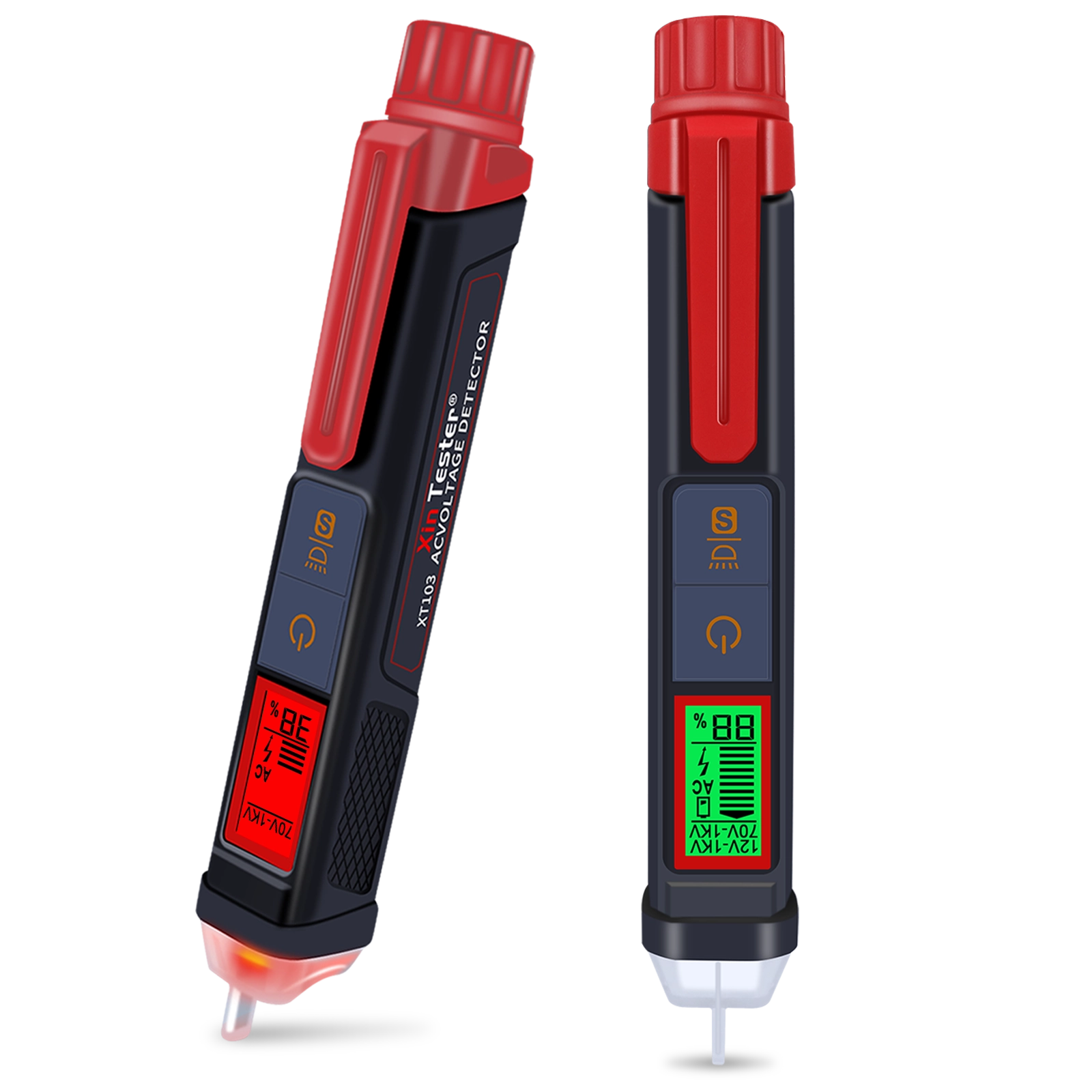 Front and side profile view of the professional black and red XT103 voltage detector pen.