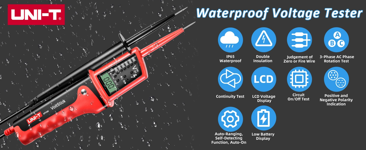 UNI-T UT15C VoltStick Waterproof Voltage Tester with Key Features Infographic