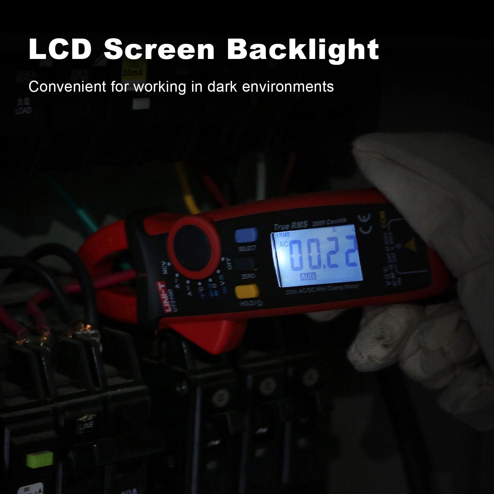 UNI-T UT210D Clamp Meter Backlit LCD Display in Dark Electrical Panel