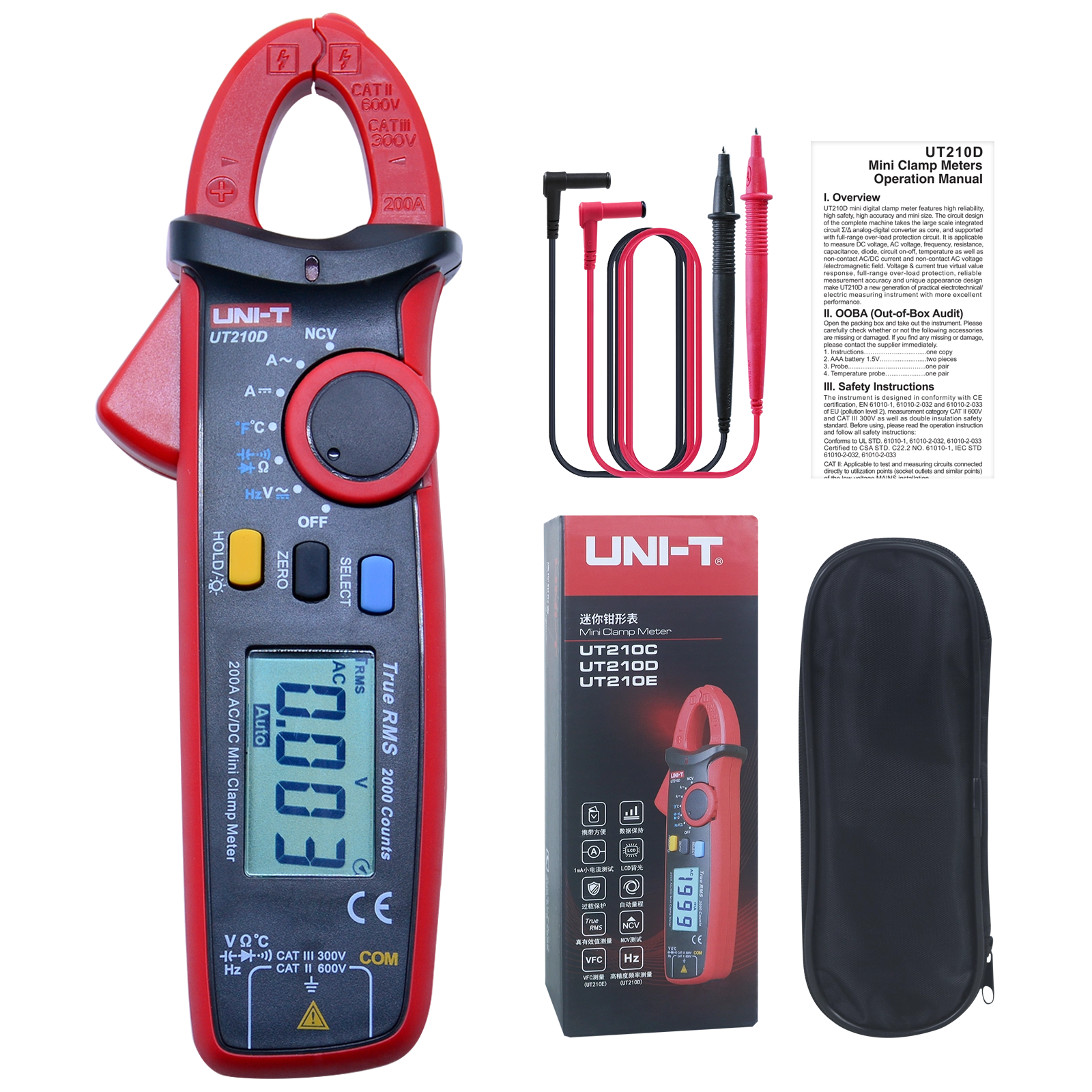 UNI-T UT210D Mini Clamp Meter Complete Kit with Test Leads, Case, Manual and Packaging