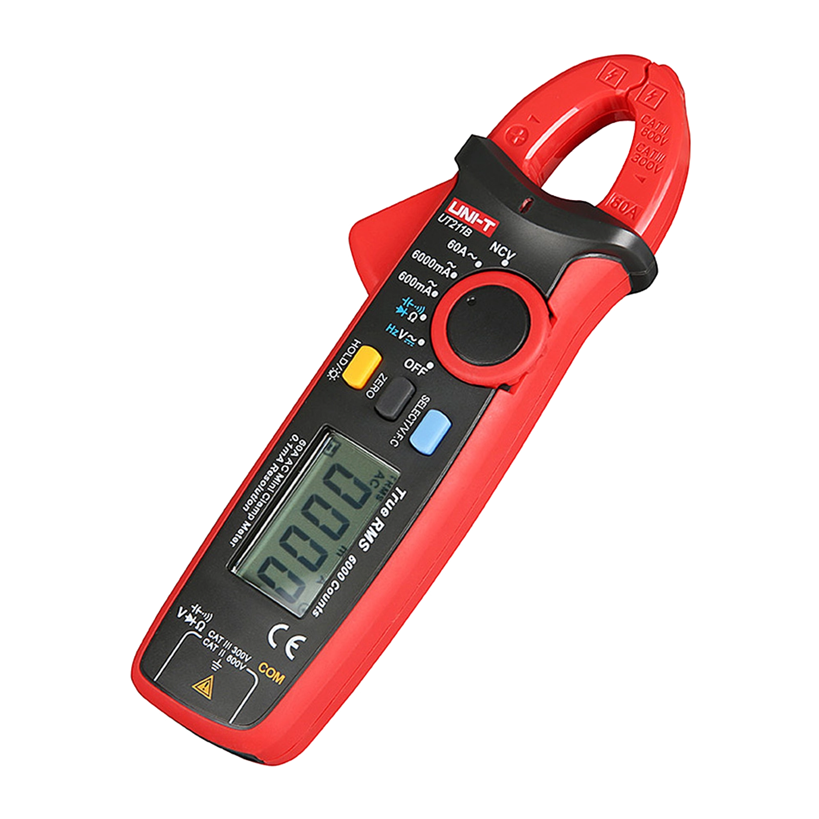 UNI-T UT211B True RMS Mini Digital Clamp Meter, Angled Front View, 0.000 mA Reading, Red/Black