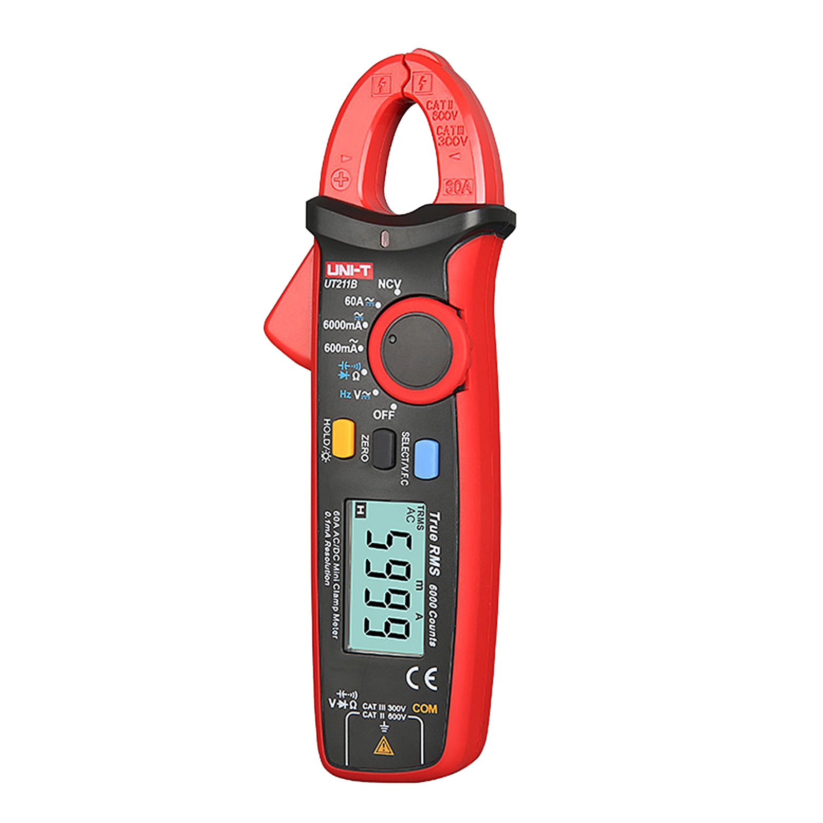 UNI-T UT211B Mini Clamp Meter, Front View, 59.99 mA Reading, Red/Black Digital Display