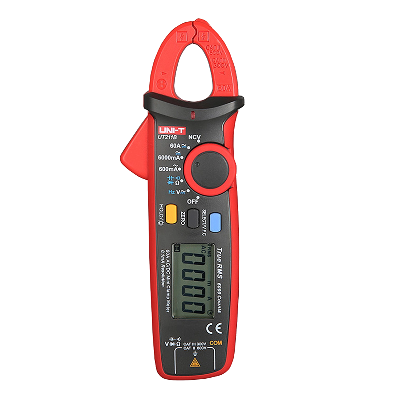 UNI-T UT211B Mini Clamp Meter, Front View, 0.000 mA Zero Reading, NCV Function, Red/Black