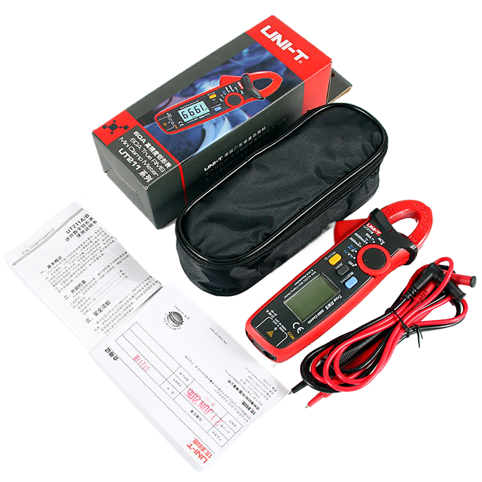 UNI-T UT211B Mini Clamp Meter Complete Kit with Test Leads, Case, Manual, and Packaging