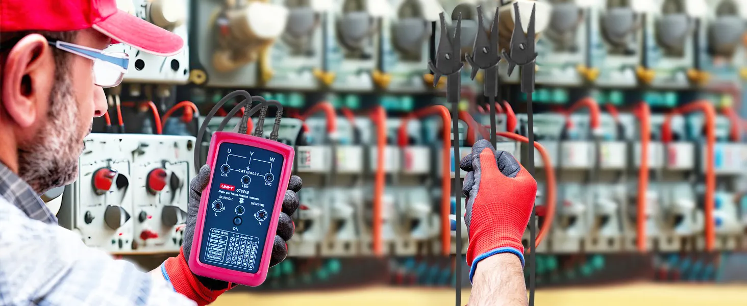 Electrician performing phase rotation check on-site
