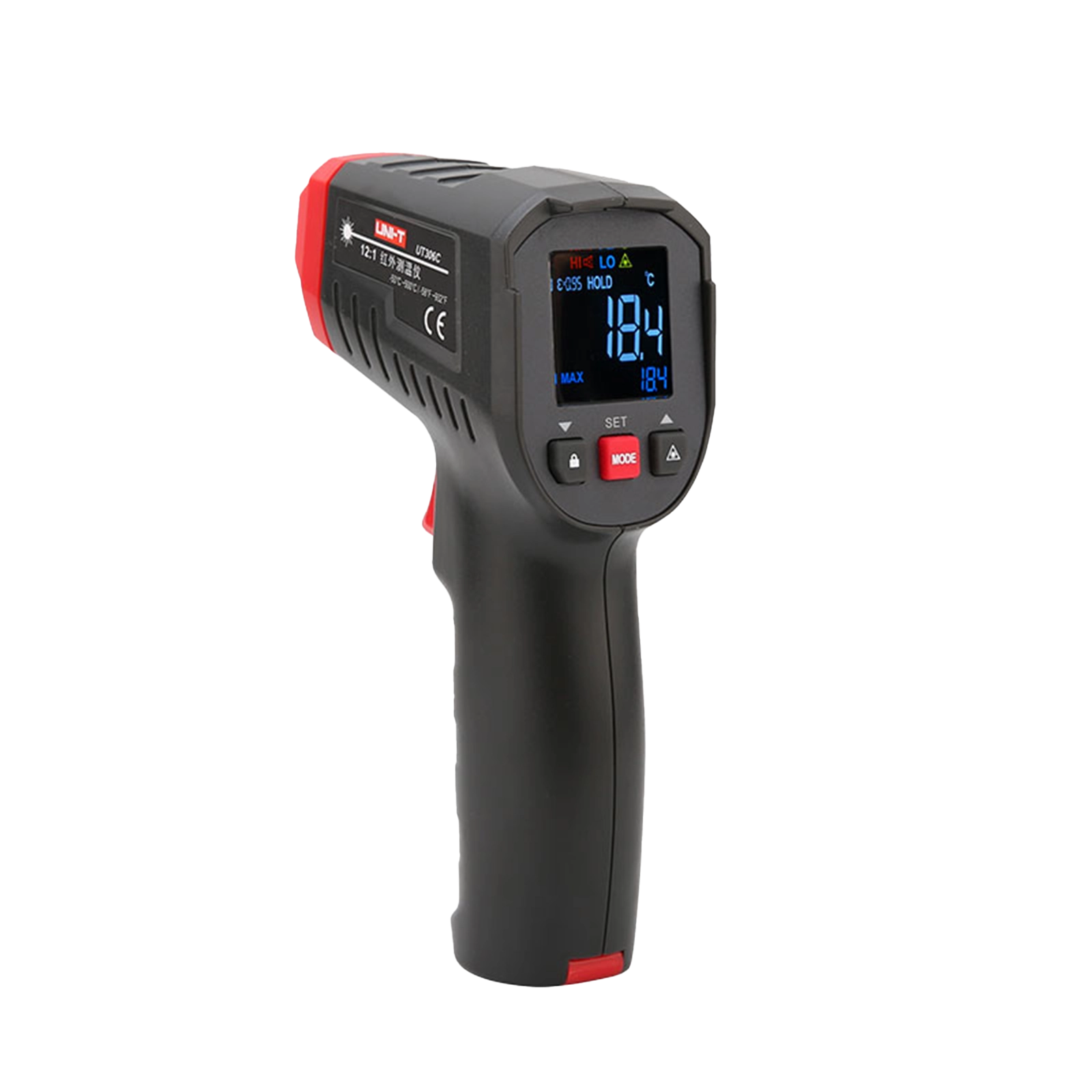 Direct front view of the UNI-T UT306C infrared thermometer showing the sensor aperture and red trigger button.
