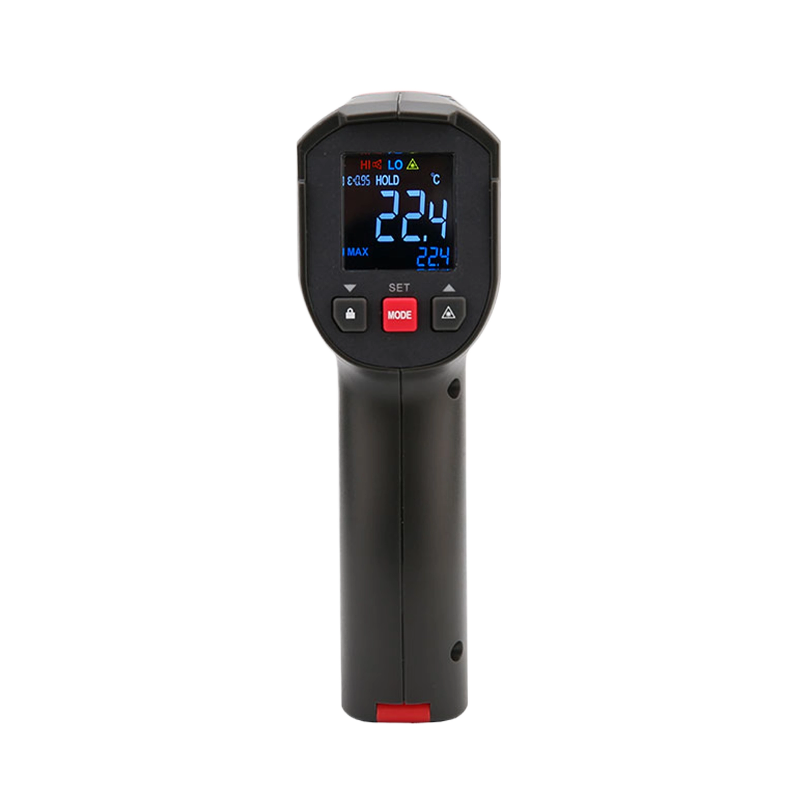 Rear view of the UNI-T UT306C infrared thermometer showing the digital LCD display reading 22.4 degrees Celsius.