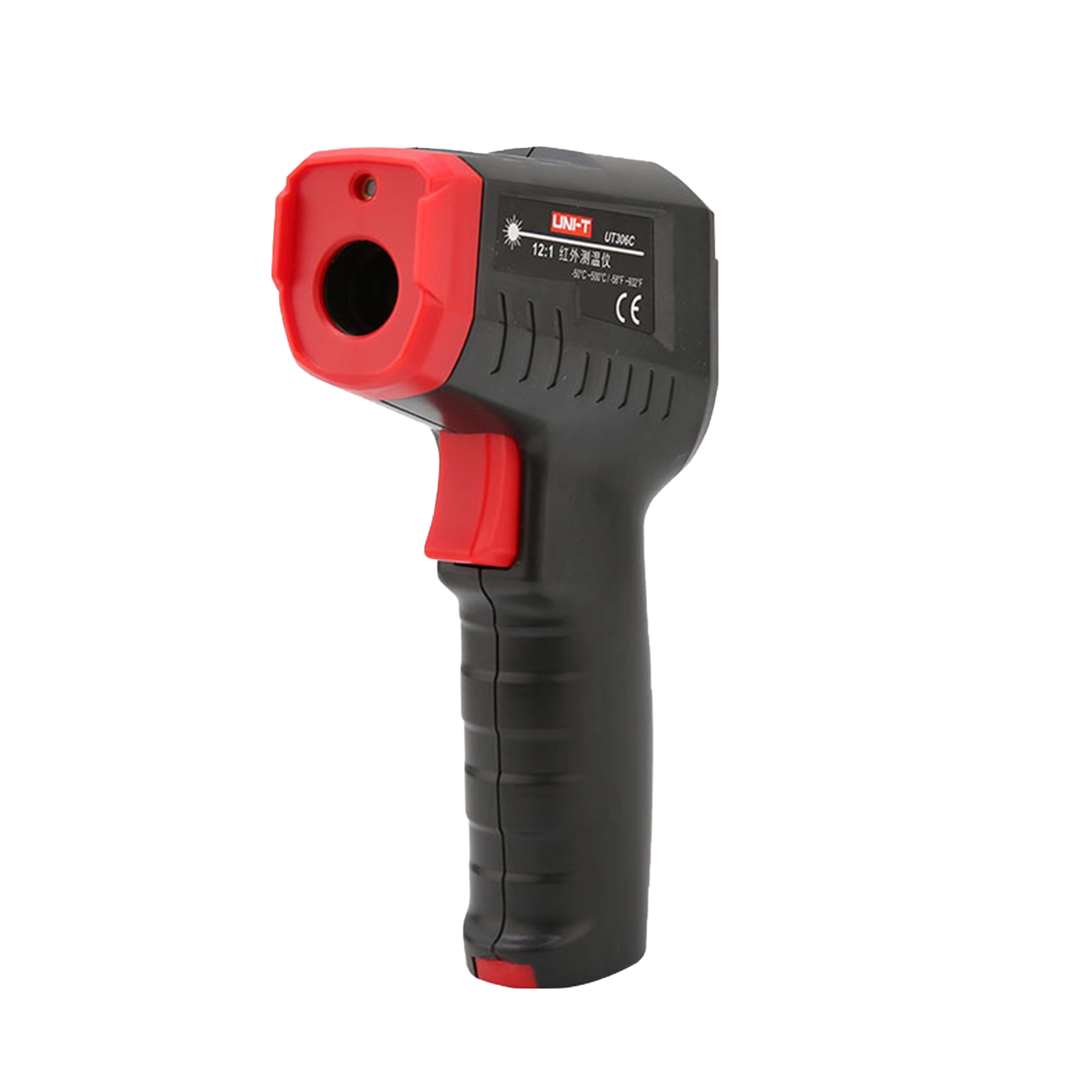 Left-side angled view of the UNI-T UT306C infrared thermometer showing the brand logo, model name, and digital display screen.