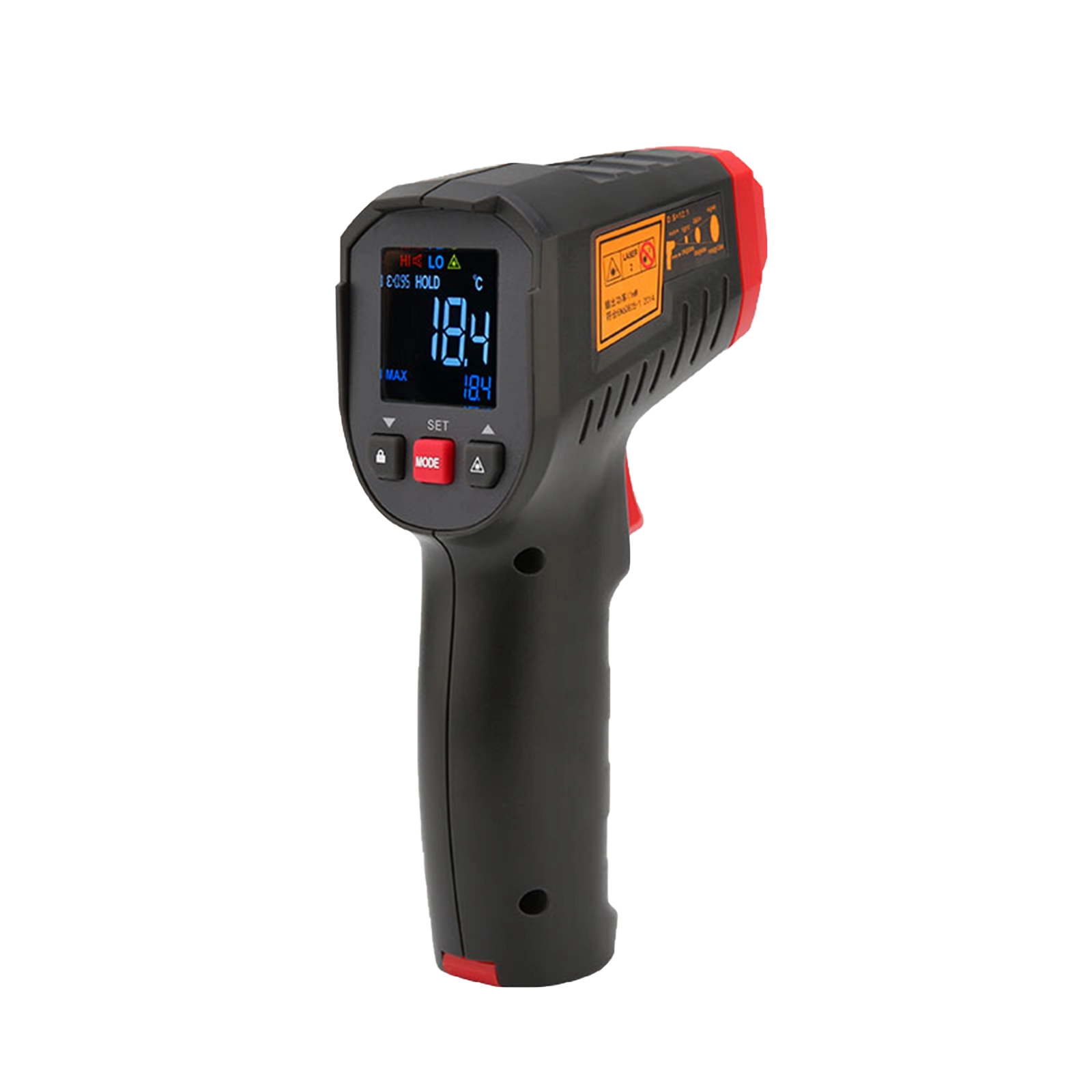 Right-side angled view of the UNI-T UT306C infrared thermometer showing the yellow laser safety warning label.
