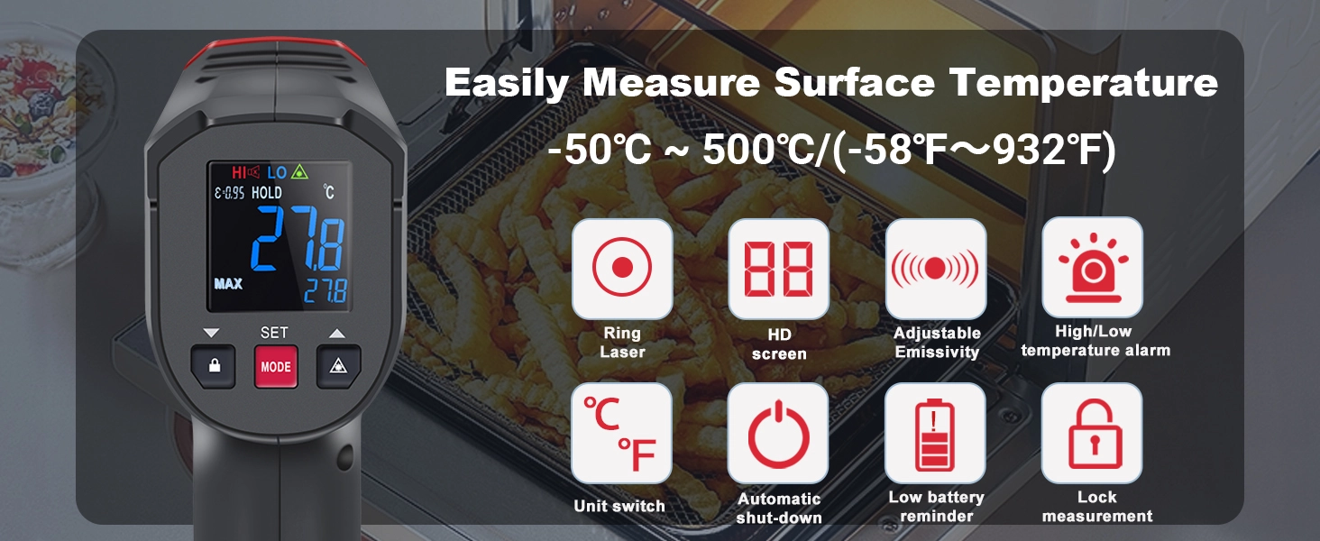 Comprehensive features of the UNI-T UT306C Infrared Thermometer including ring laser and LCD display