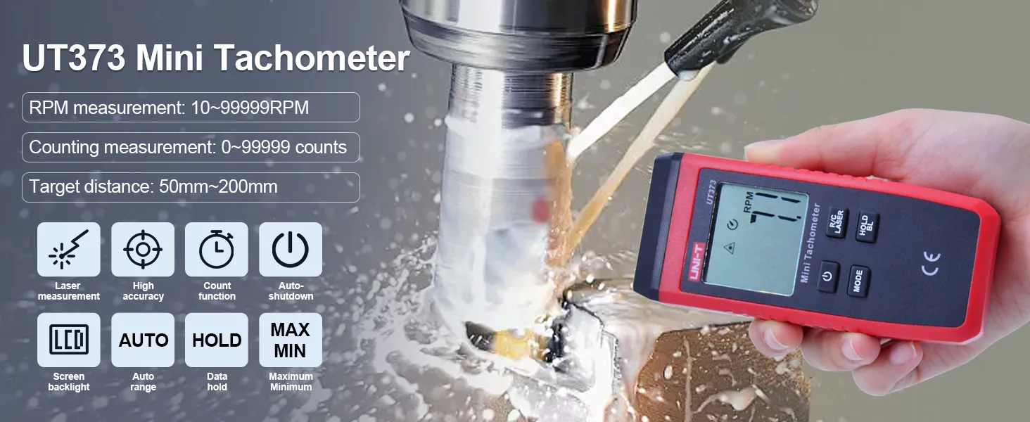 digital non contact laser tachometer core features infographic