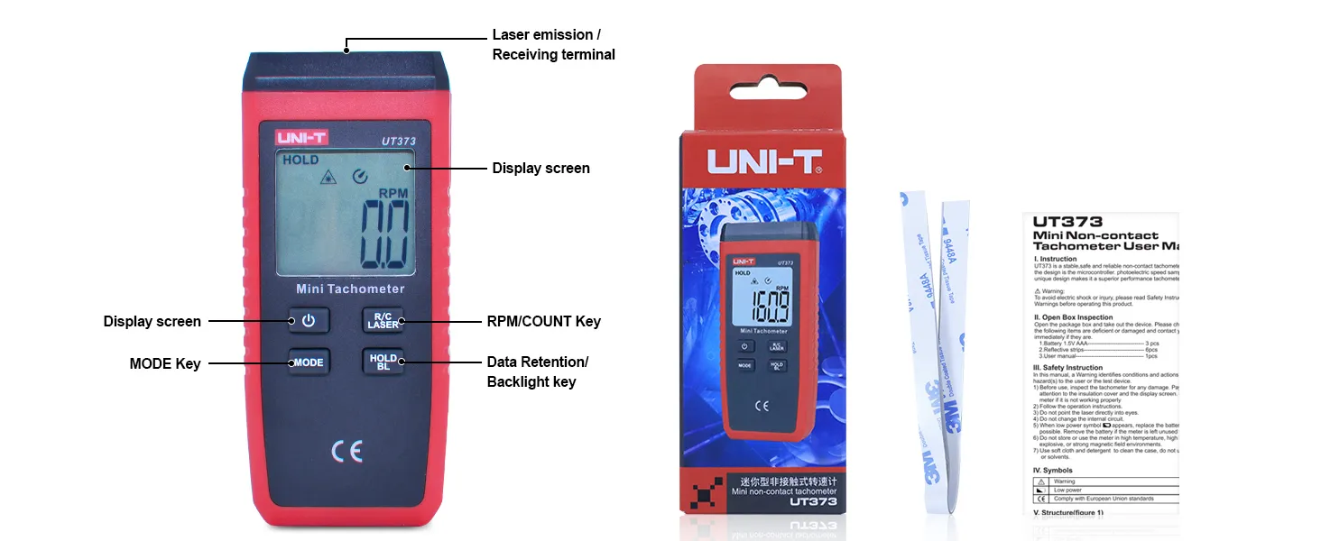 hardware parts diagram and retail package of laser tachometer