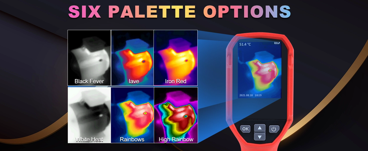 Six color palettes like lava and rainbow available on the UNI-T thermal camera