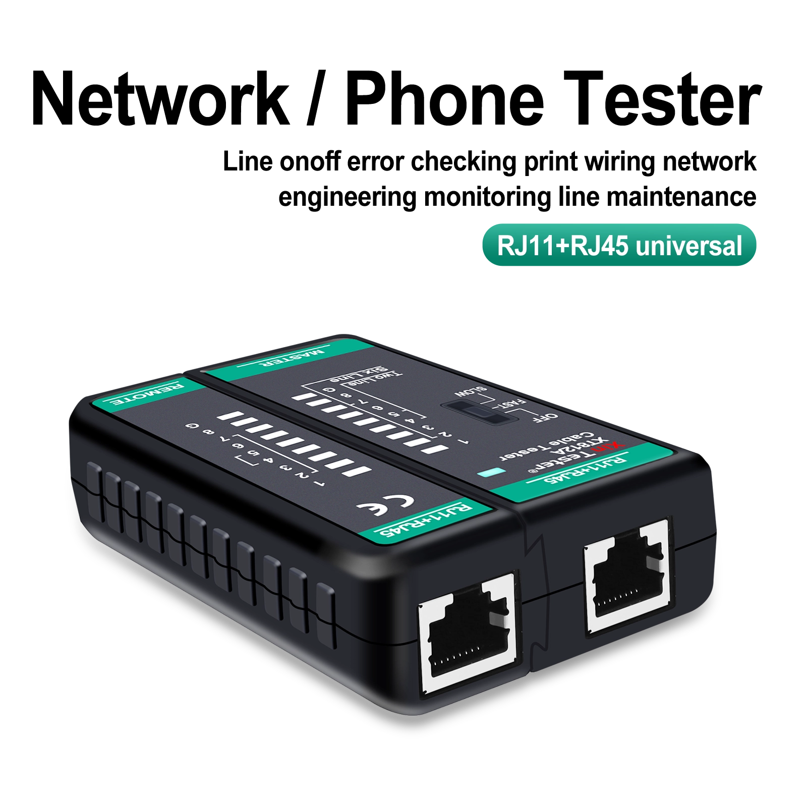 Xin Tester XT812A universal cable tester featuring dual RJ45 and RJ11 ports for network and telephone lines.