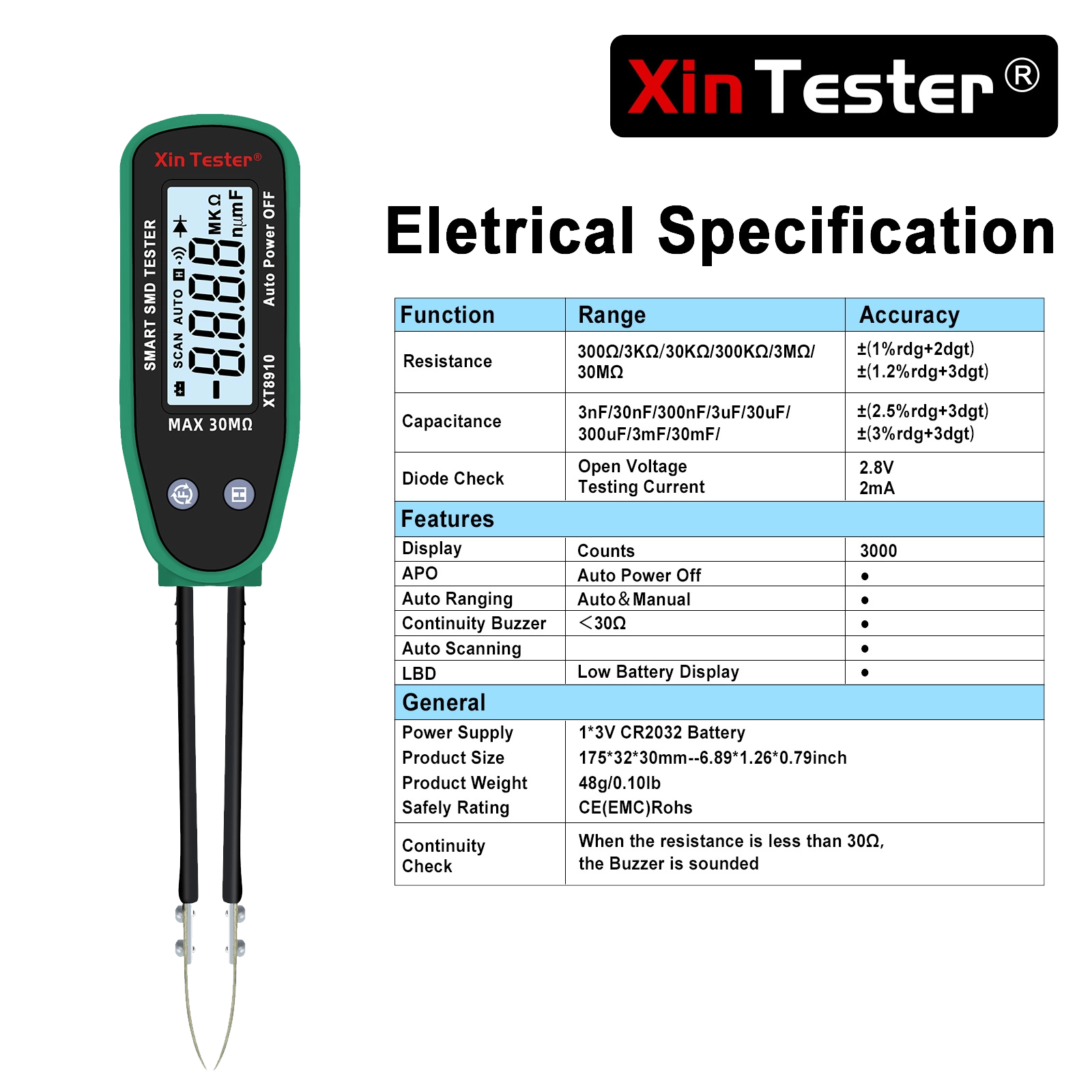 Table of electrical specifications, ranges, and accuracy for the Xin Tester XT8910 smart SMD tester.