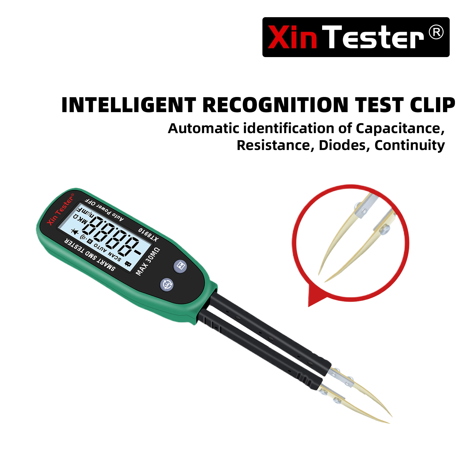 Close-up highlight of the gold-plated curved tweezer test pins of the Xin Tester XT8910.