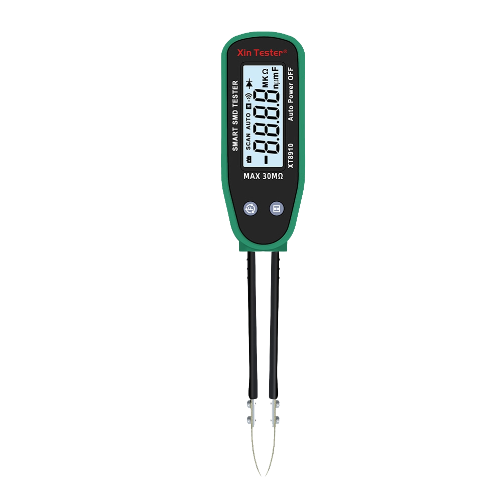 Front view of the green and black Xin Tester XT8910 digital smart SMD tester with integrated tweezer probes.