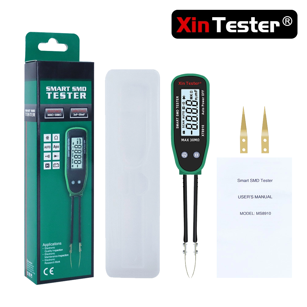 Complete retail package of the Xin Tester XT8910 showing the green box, storage case, manual, and spare tips.