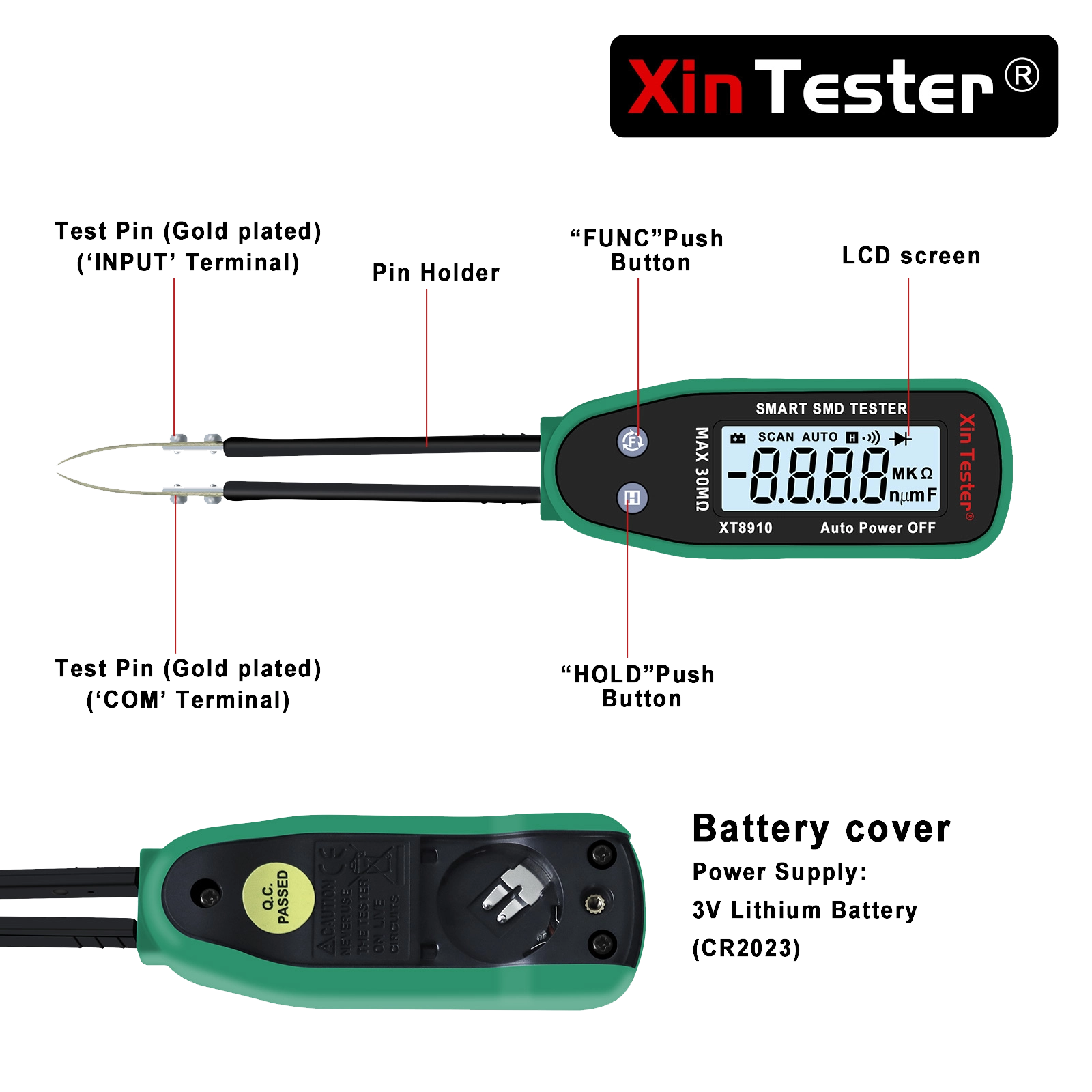Labeled diagram illustrating the front interface and back battery compartment of the Xin Tester XT8910.