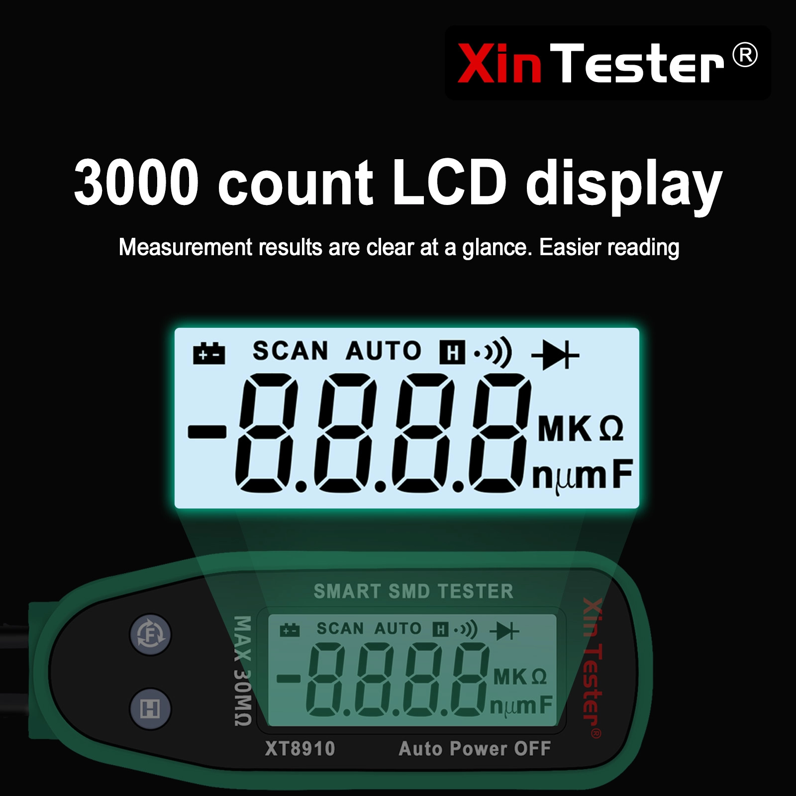 Illuminated 3000 count backlit LCD screen of the Xin Tester XT8910.