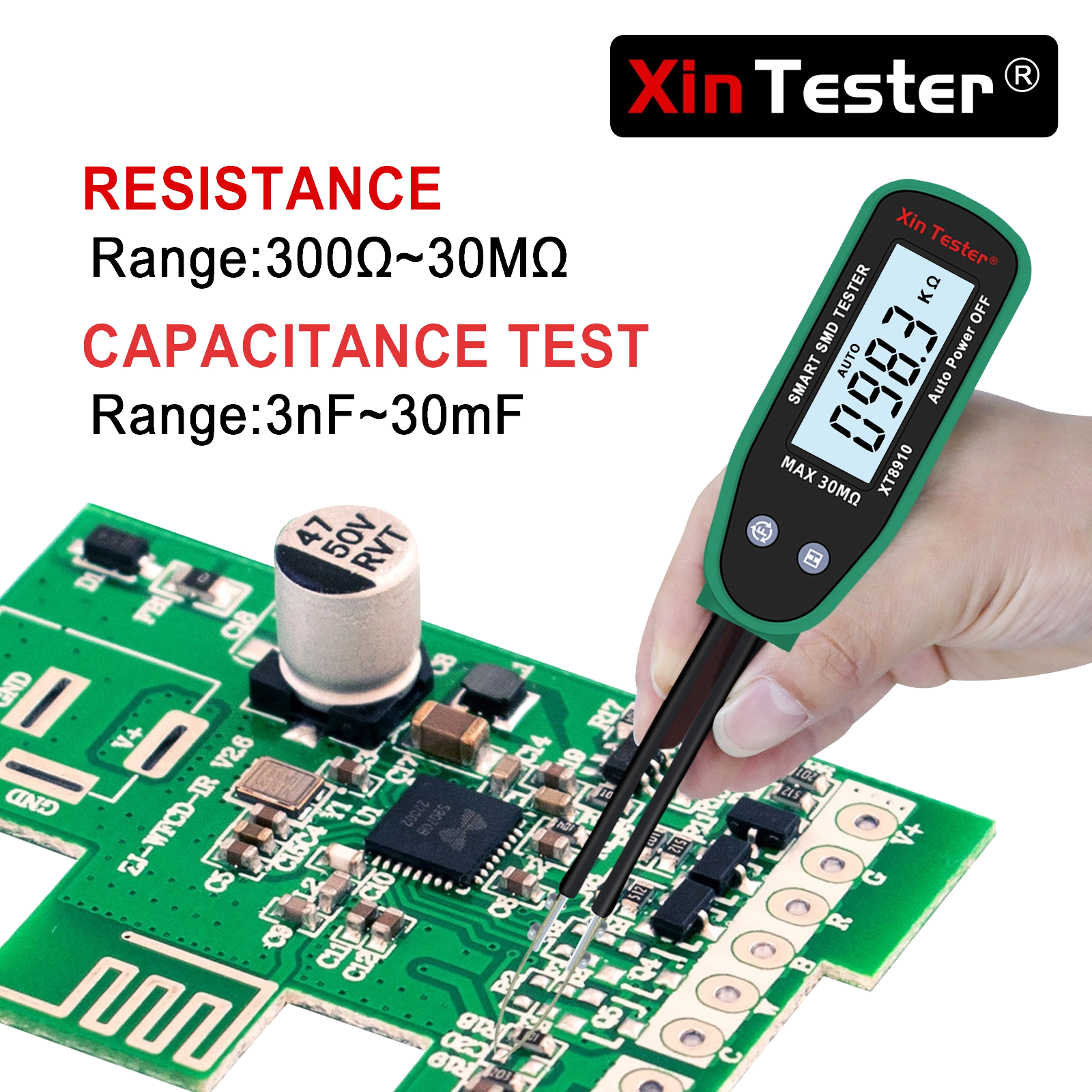 Probing a small surface-mount component on a printed circuit board with the Xin Tester XT8910.