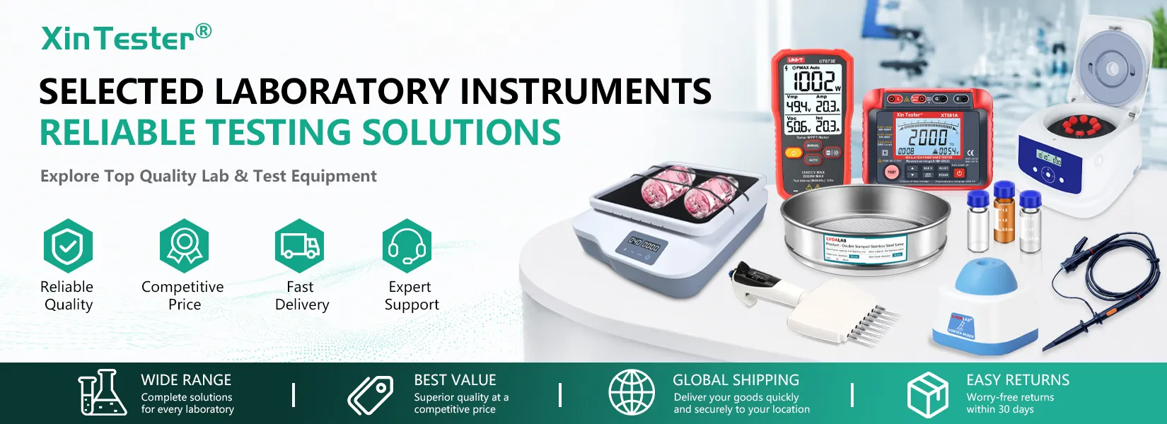 XinTester banner showcasing selected laboratory instruments and reliable testing solutions, including multimeters, centrifuges, and pipettes.