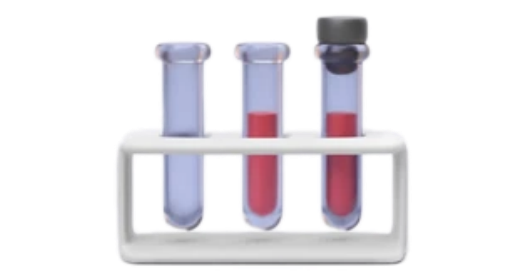 Illustration of three borosilicate glass test tubes in a laboratory rack, one empty and two filled with red and dark liquid samples for chemical analysis demonstration