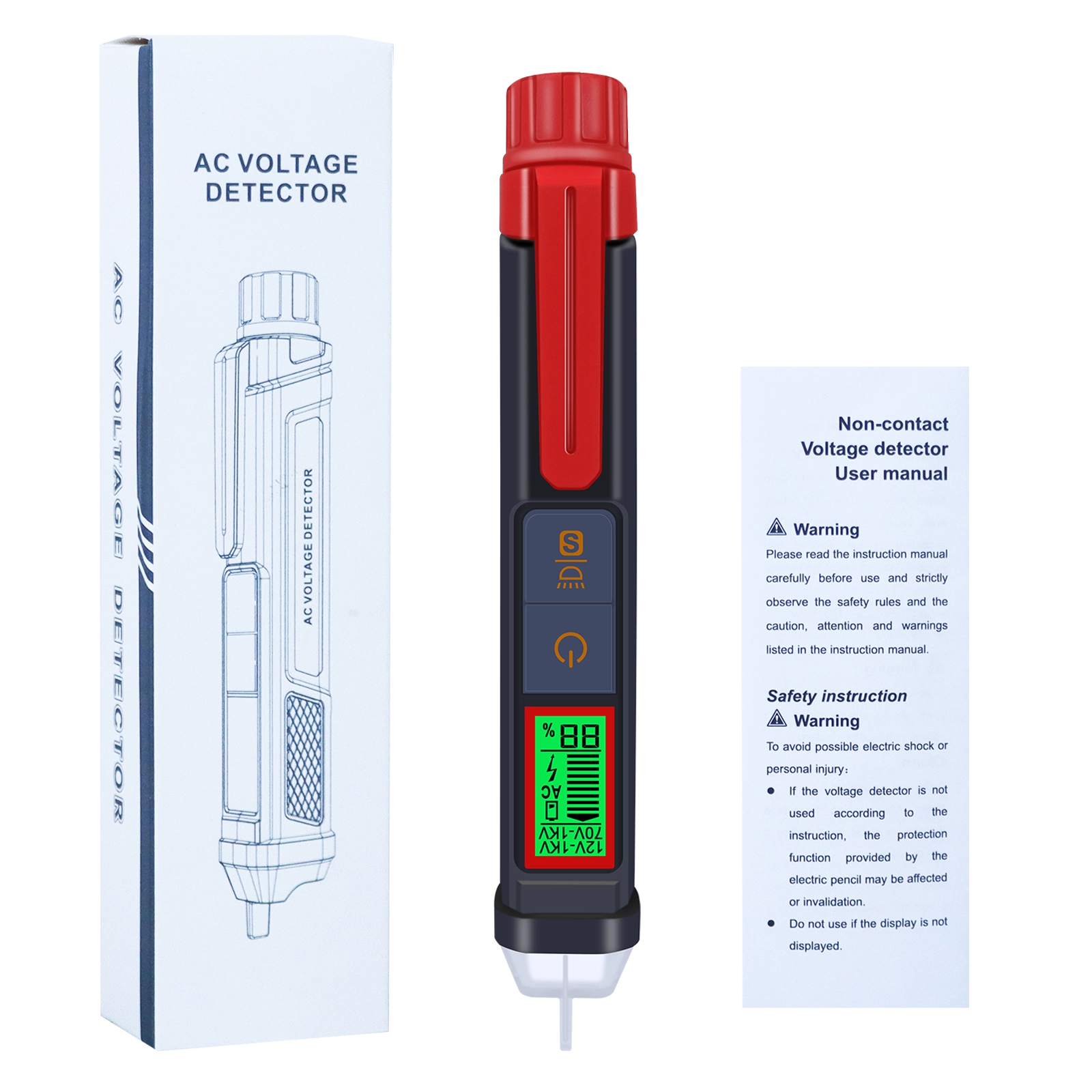 XT103 non-contact voltage detector set including the device, retail packaging, and user manual.