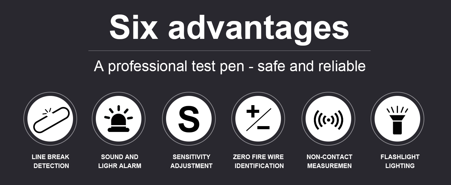 XinTester XT103 Six Core Advantages & Features Visual chart showing six key features of the XinTester voltage tester including sensitivity adjustment, live/null wire judgment, breakpoint detection, display, smart induction, and flashlight.