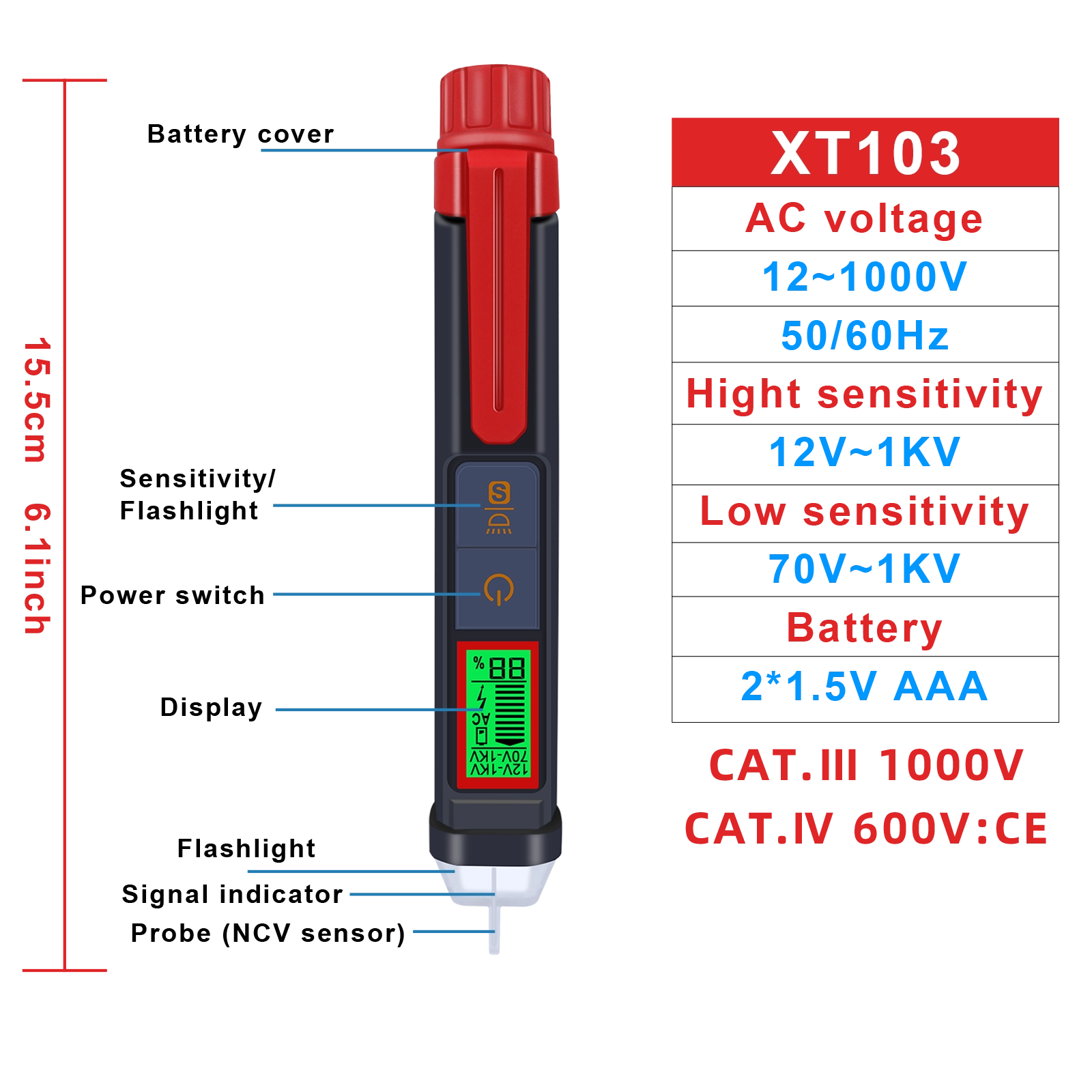 Technical diagram of the XT103 showing dimensions, battery type (2x AAA), and CAT III 1000V safety ratings.