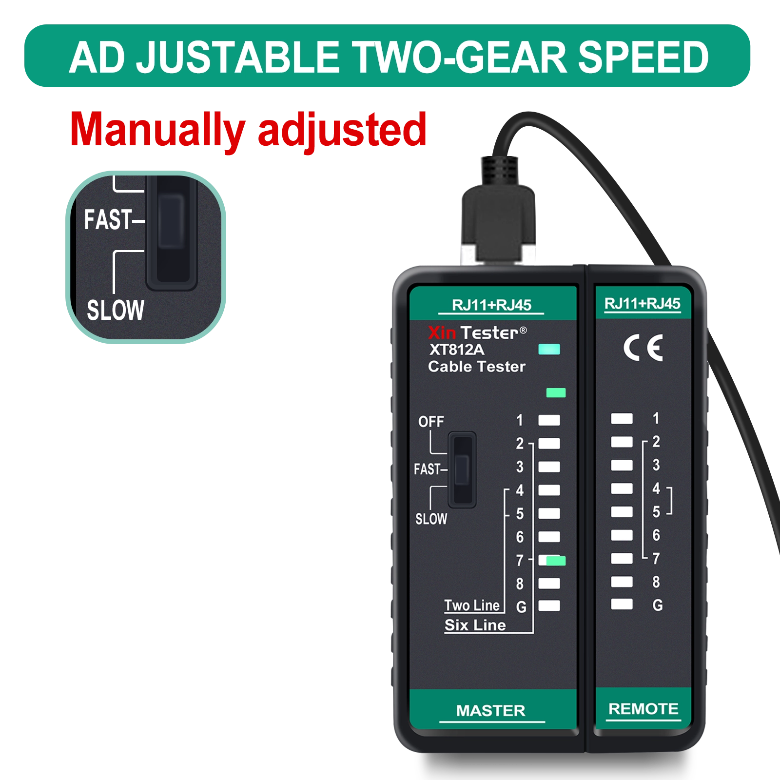Close-up of the three-position switch for Off, Fast, and Slow testing speeds on the XT812A.