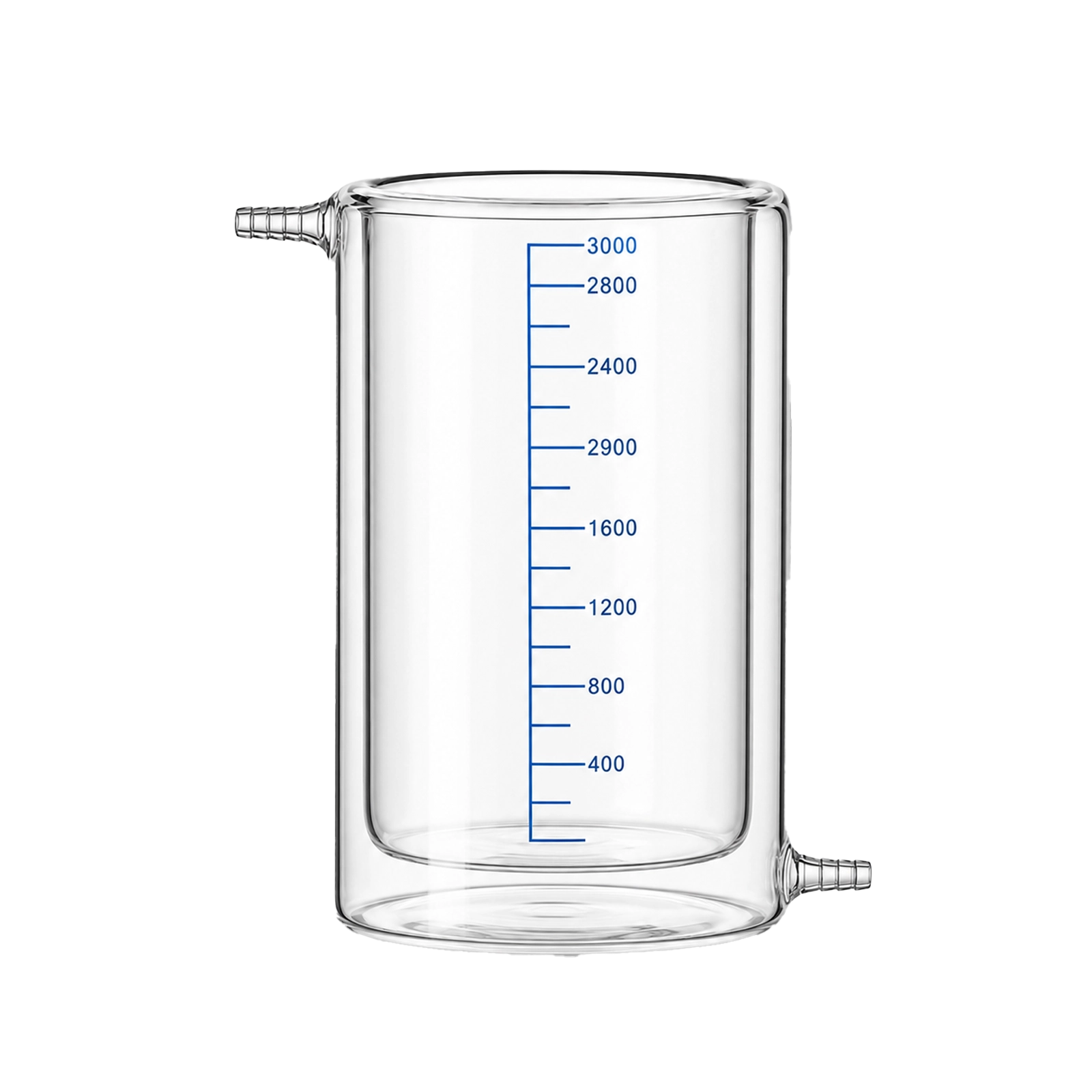 3000mL maximum capacity double wall jacketed borosilicate glass beaker, staggered upper and lower barbed circulation hose connectors, blue printed volumetric scale 400-3000ml, transparent lab large-volume thermostatic reaction glassware, isolated white background