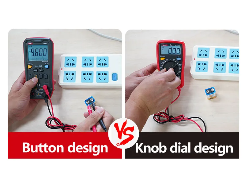 Push-Button vs Rotary Dial Comparison between the modern push-button design and traditional knob dial of the bluetooth digital multimeter