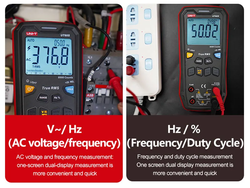 Dual Display Technology One-screen dual-display measuring AC voltage and frequency