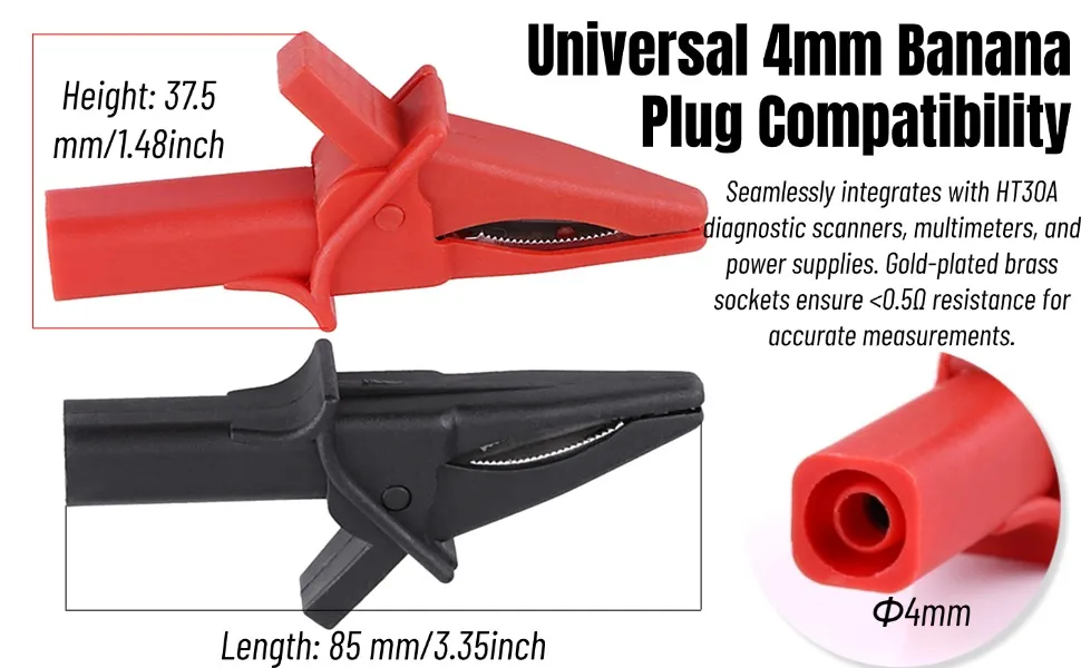 HT18A alligator clips featuring universal 4mm banana plug socket