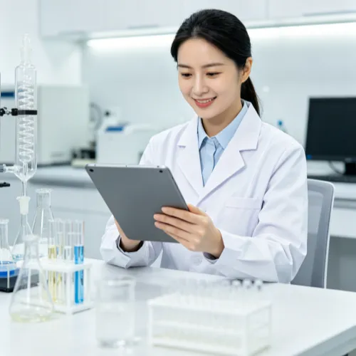 Female laboratory scientist in white coat using a digital tablet to record test data, with borosilicate test tubes and beakers on the workbench for chemical analysis and research