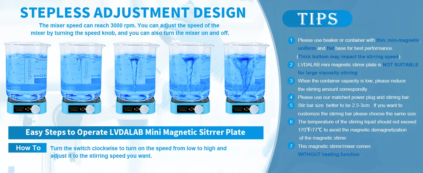 Stepless speed adjustment demonstration of the mini magnetic stirrer from low to 3000 RPM, including essential usage tips.