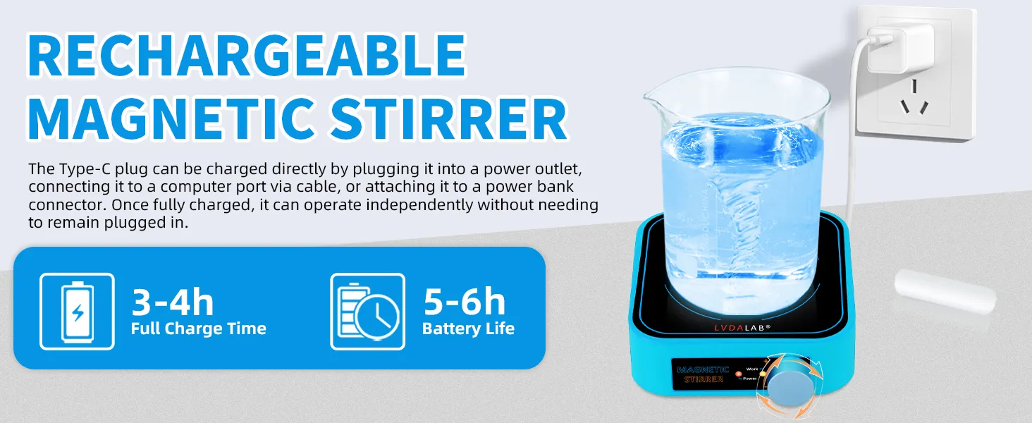 Rechargeable mini magnetic stirrer charging via Type-C cable, featuring 5 to 6 hours of battery life.