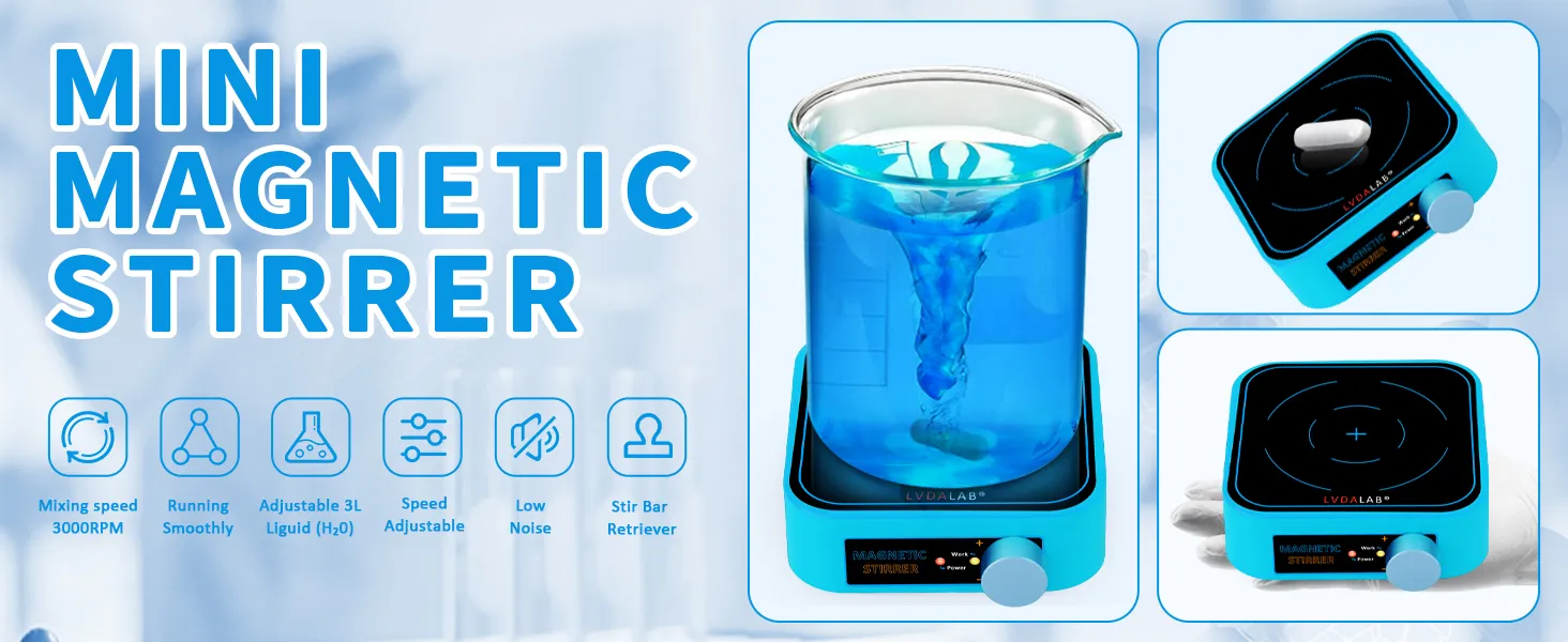 Xin Tester mini magnetic stirrer creating a strong vortex in a glass beaker, highlighting 3000 RPM speed and low noise operation.