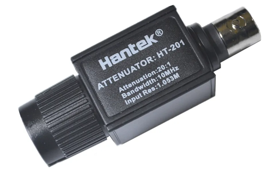 Hantek HT201 20:1 Passive Attenuator Specifications Hantek HT201 20:1 passive attenuator showing 10MHz bandwidth and 1.053M input resistance for oscilloscope