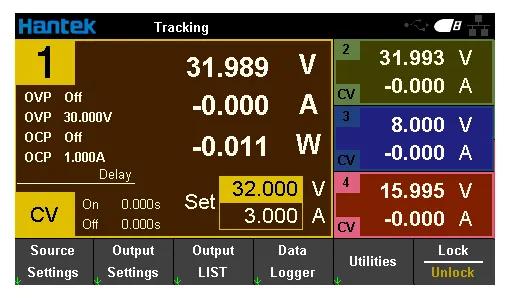 4 channel tracking display mode showing precise voltage and current