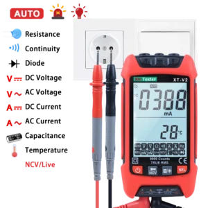 XT-V2 True RMS digital multimeter automatically testing AC voltage in a wall outlet