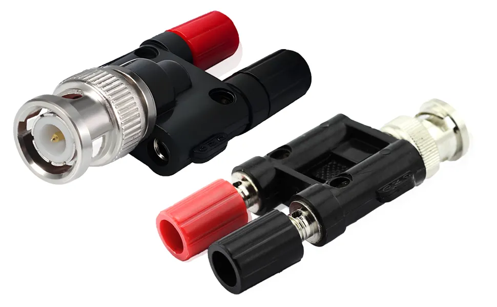 Hantek HT311 BNC to banana adapter connecting a male BNC plug to dual 4mm red and black sockets