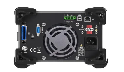 Rear panel showing USB, LAN, RS232, and digital I/O interfaces